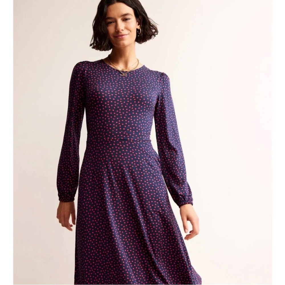 Boden Camille Navy Blue Red Polka Dot Long Sleeve Midi Dress - US 16/18